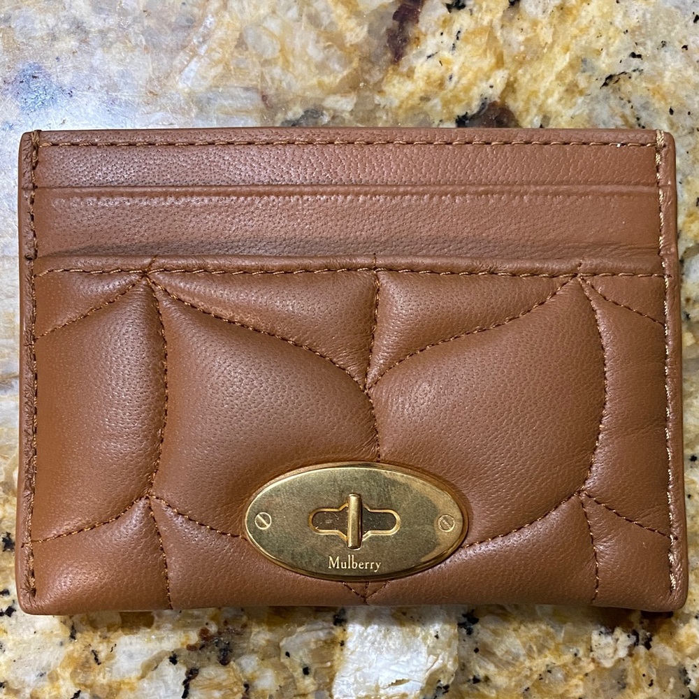 Authentic Mulberry Brown Leather Card Holder with Gold Accent